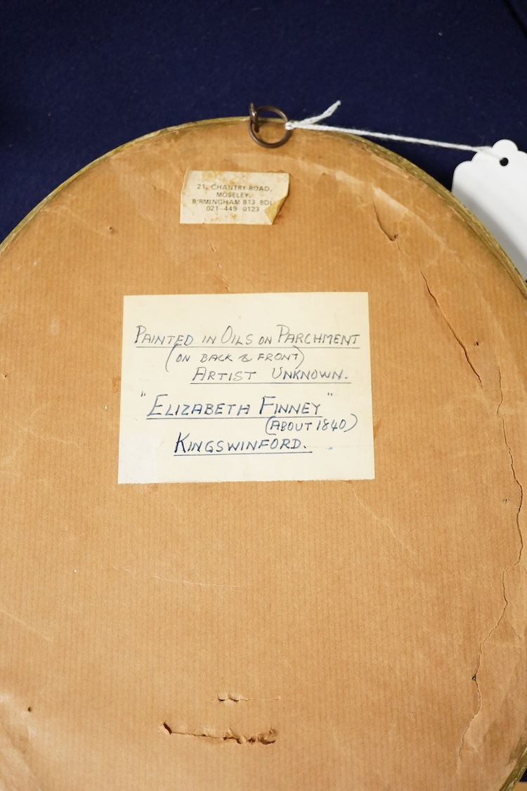 English School, 19th century, portrait of Elizabeth Finney, c.1840, details verso, oval oil on parchment, 17 x 12cm